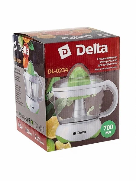 5. Соковыжималка DELTA DL-0234 белый с зеленым, 25 Вт, емкость для сока 700 мл