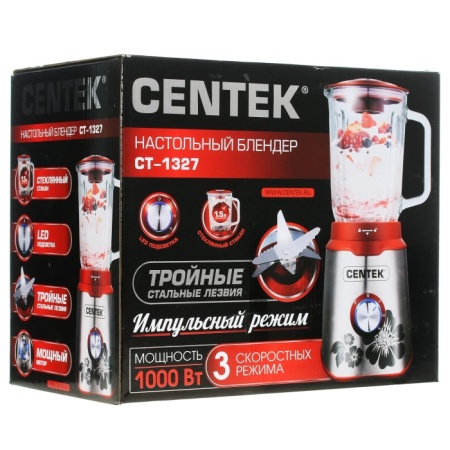 3. Блендер настольный Centek CT-1327 1000Вт, СТЕКЛЯННЫЙ СТАКАН, стальн. корпус, LED, 3 скорости