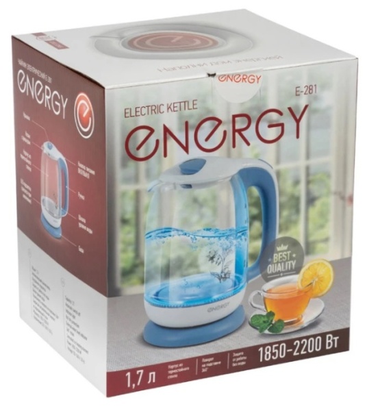 3. Чайник ENERGY E-281 1.7л, стекло, бело-голубой, серо-голубой